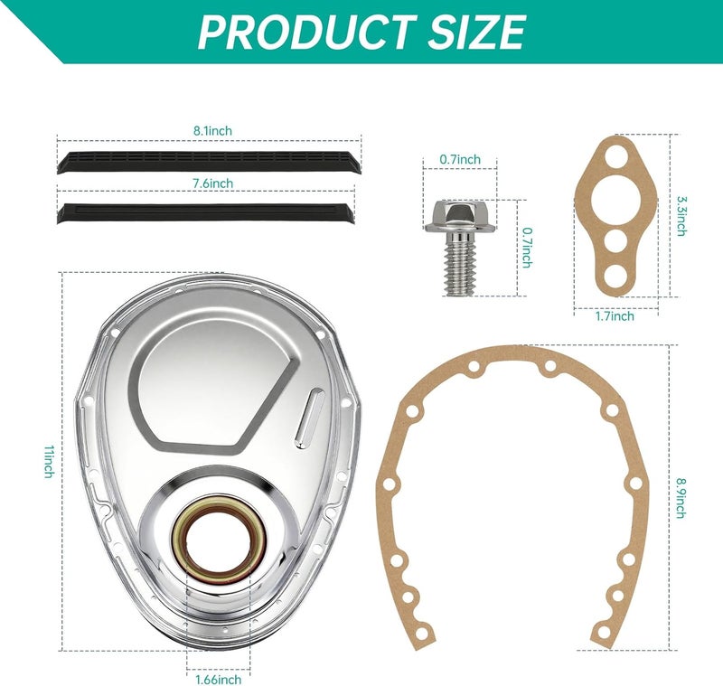 Dueilgo Timing Chain Cover Kit with Gasket Seal Bolts Set Chrome Plated Steel Compatible with Chevy SBC 283 305 327 350 383 400 Engines - Image 2